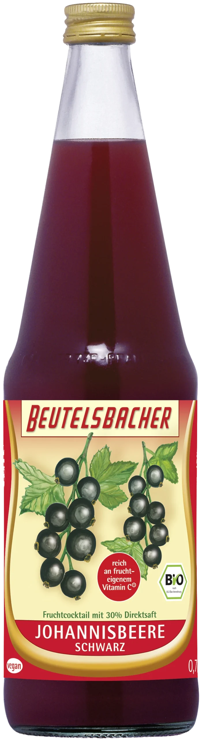 Beutelsbacher Schwarze Johannisbeere Fruchtcocktail mit 30 % Direktsaft, Bio, vegan, 0,7-Liter-Glasflasche