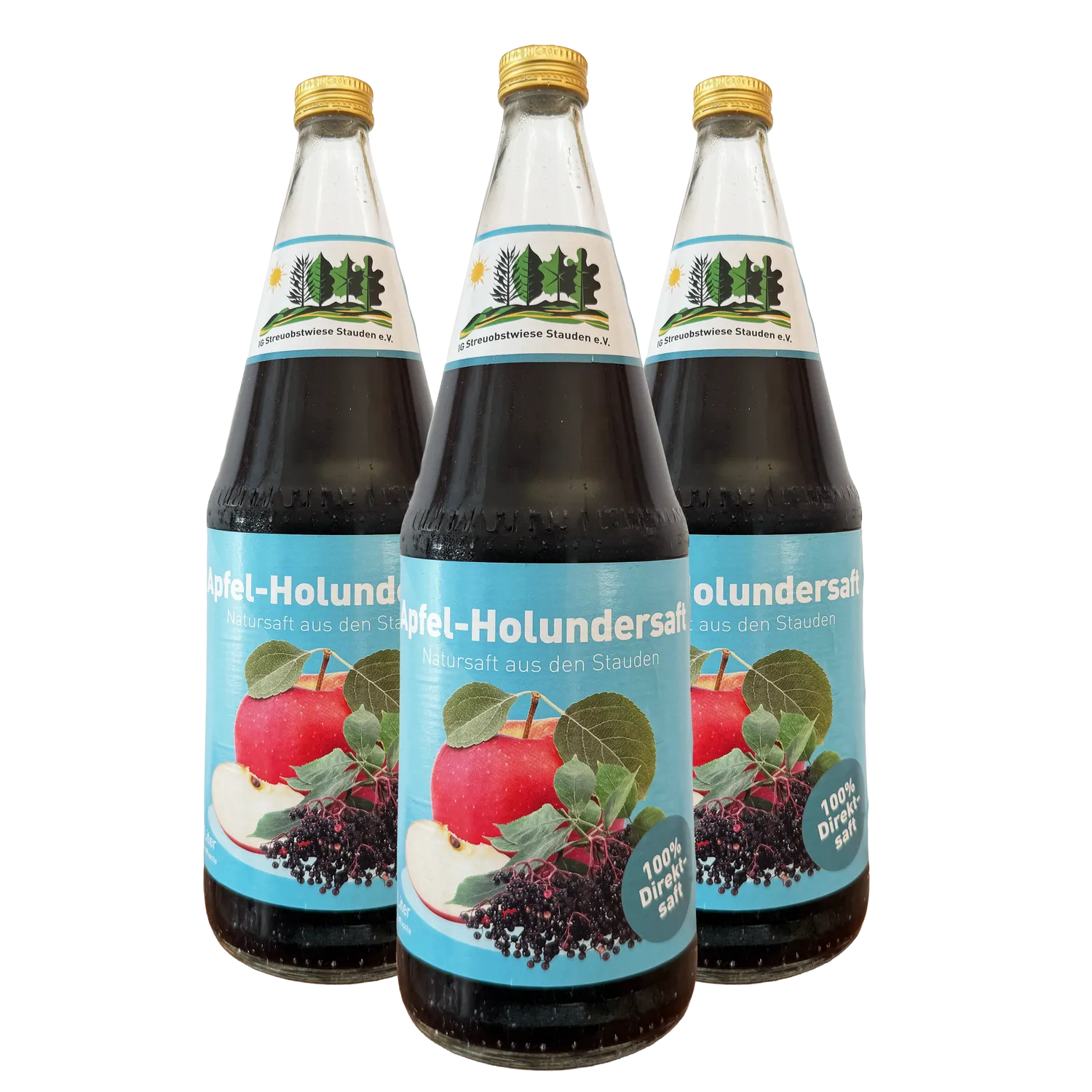 Flaschen von Staudensäfte Sorte Apfel-Holunder
