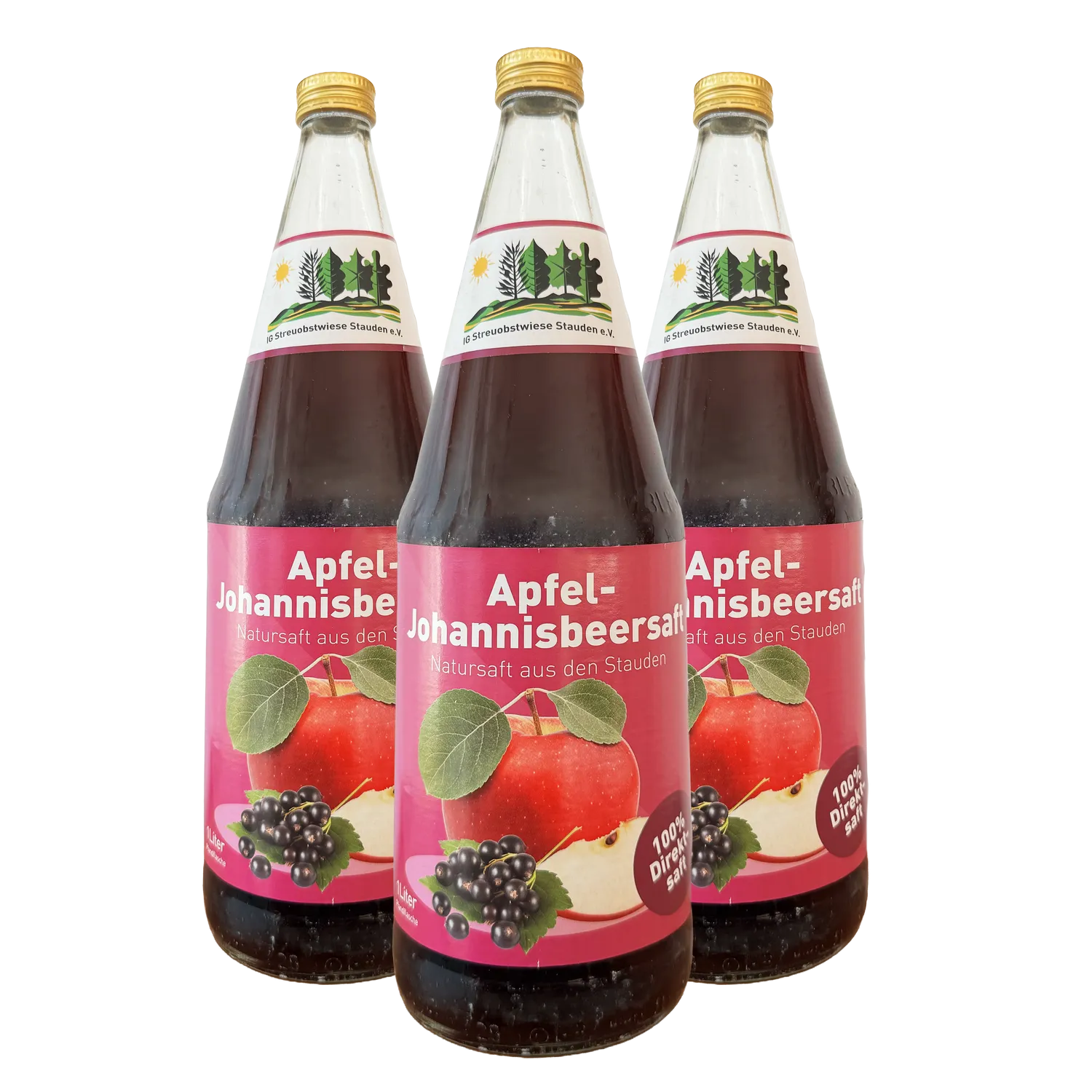 Flaschen von Staudensäfte Sorte Apfel-Johannisbeere