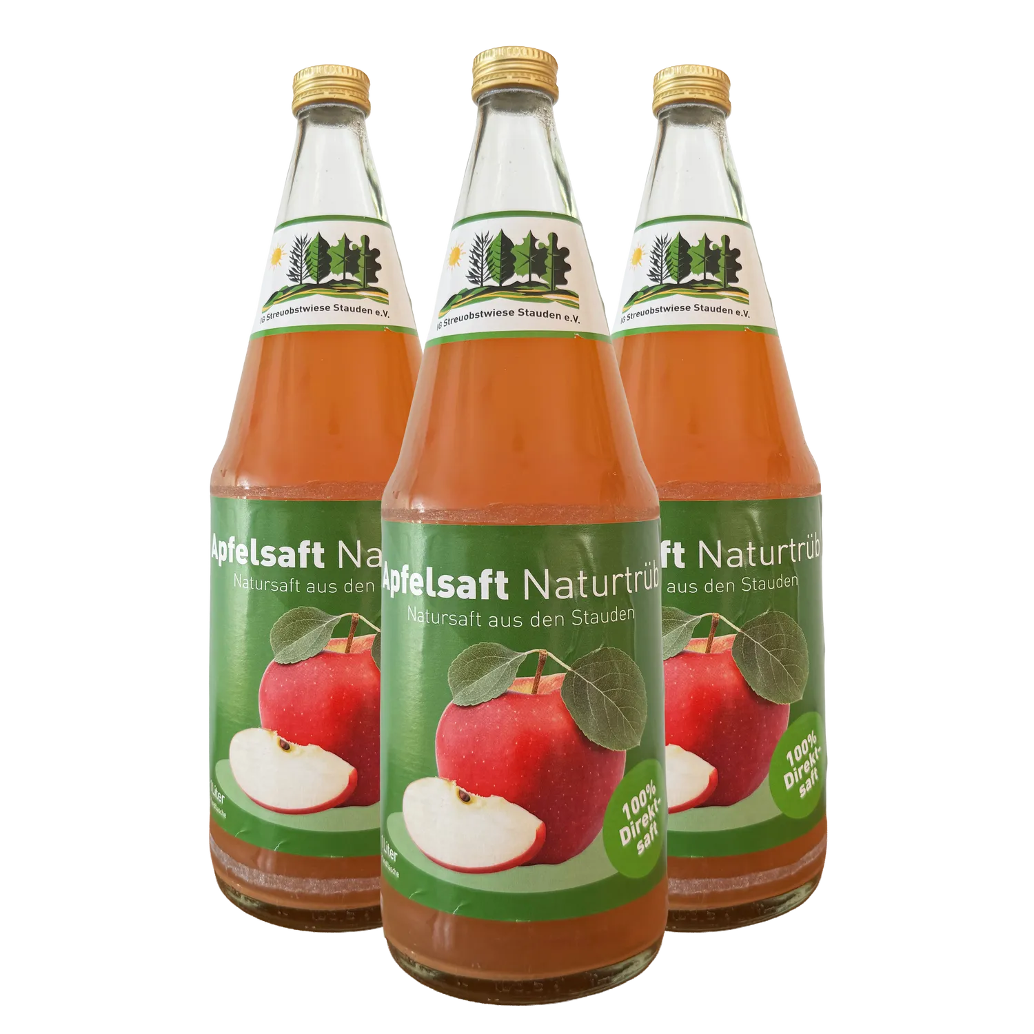 Flaschen von Staudensäfte Sorte Apfelsaft Naturtrüb
