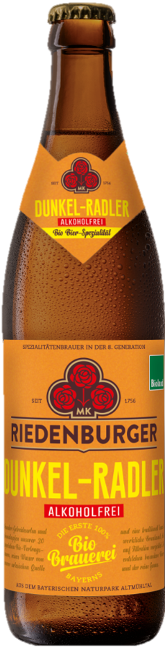 Riedenburger Dunkel-Radler Alkoholfrei – alkoholfreies Bio-Radler aus dunklem Bier und Zitronenlimonade in der 0,5-Liter-Flasche
