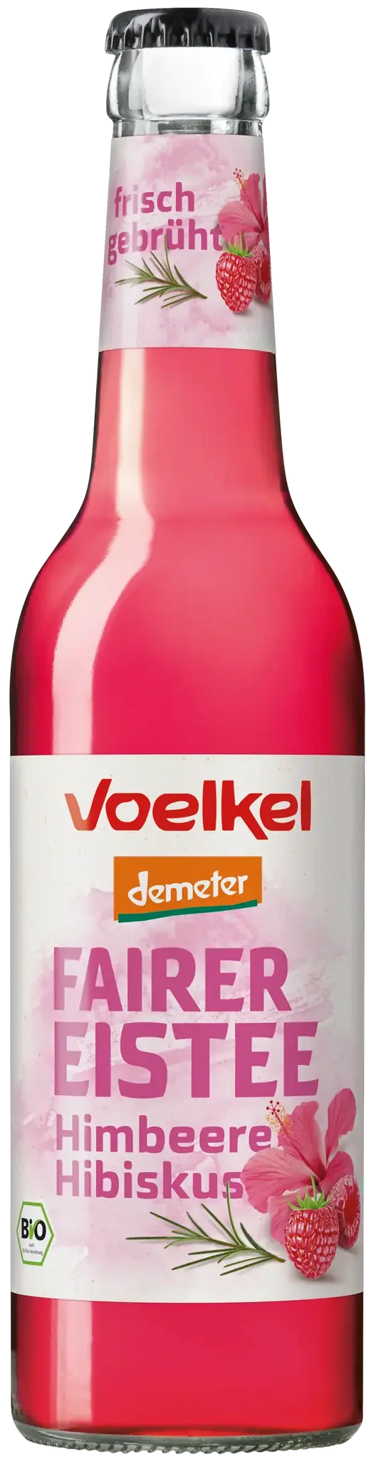 Voelkel Fairer Eistee Himbeere Hibiskus in der 0,33-Liter-Glasflasche – frisch gebrühter Demeter Bio-Eistee, fair gehandelt, koffeinfrei